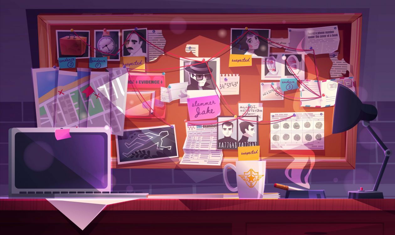 An animated image of a desk with a light focused on a bulletin board with maps, photographs, newspaper clippings, and fingerprints and red thread connecting these items across the bulletin board.