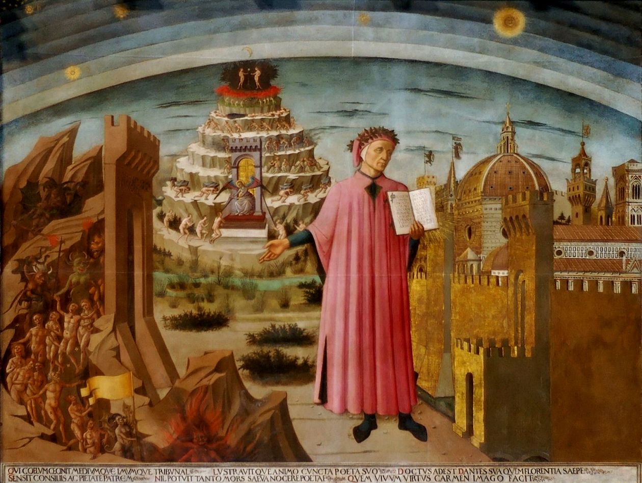A painting of a man in a pink robe standing between the mountain of purgatory and the city of Florence