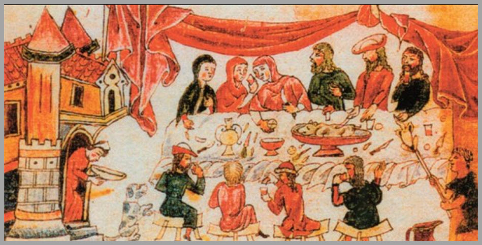 An image of a medieval manuscript graphic featuring people sitting around a table at a feast