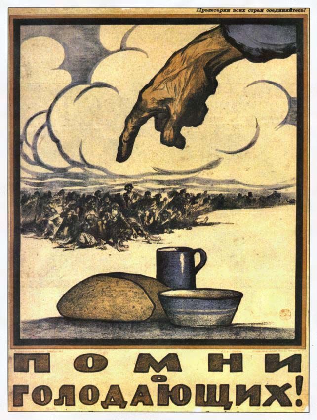 Image of a poster featuring a large hand pointing down from the sky at a group of starving people, with bread, a bowl, and a mug in the foreground