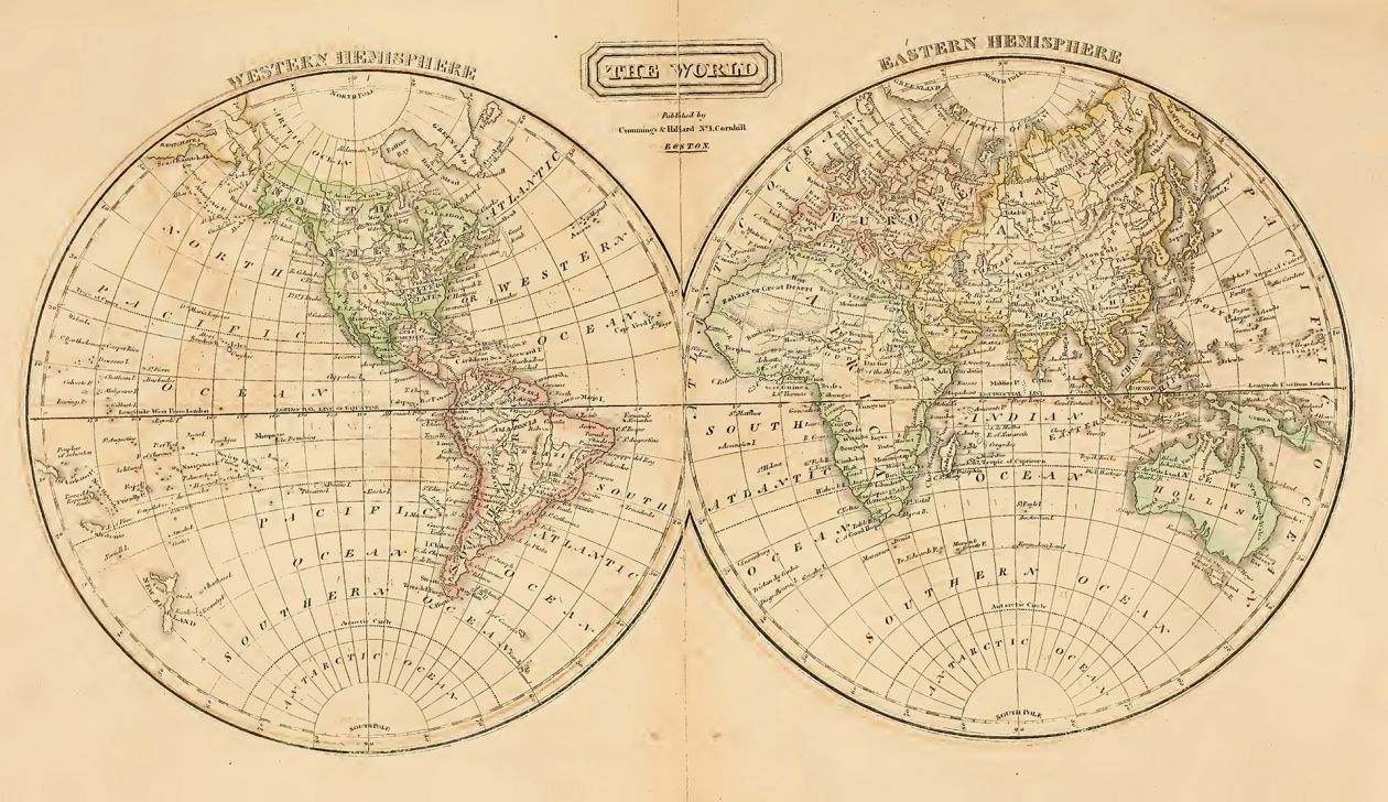 Image of an old map of the world separated by Western Hemisphere and Eastern Hemisphere