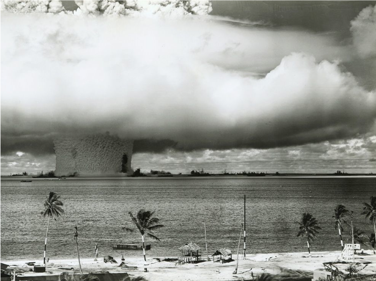Black and white image an underwater explosion during Nuclear Testing at Bikini Atoll, 1946