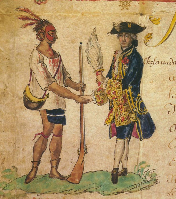 Image of a sketch of an Indigenous person making a trade with a French colonist