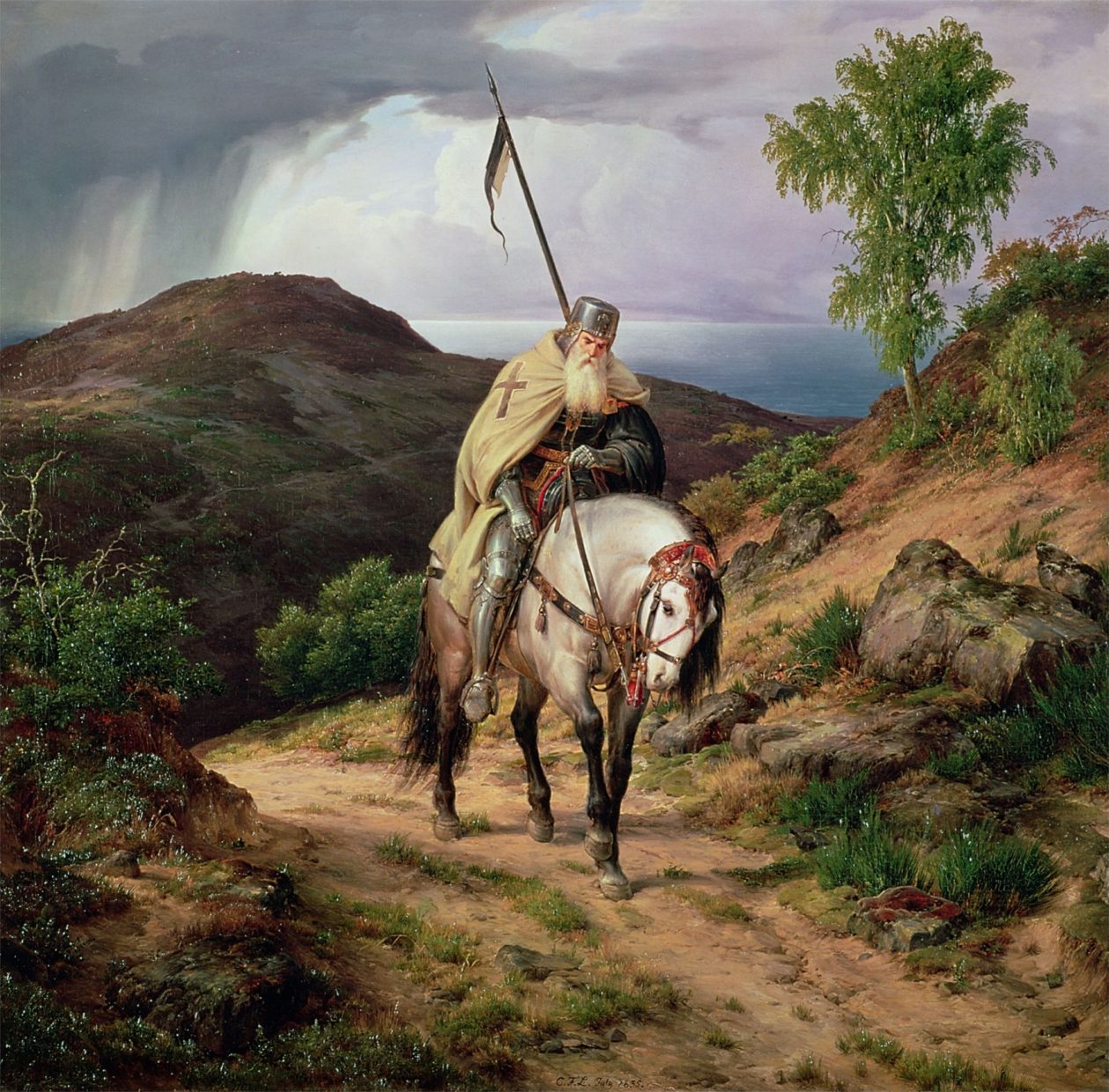 Image of a painting of an elderly crusader on horseback 