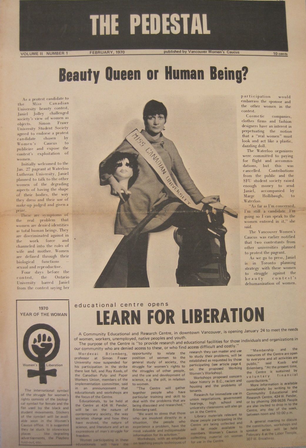 Image of a newspaper article from 1970 titled "Beauty Queen or Human Being?" featuring a photo of a woman.