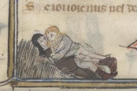 An image of a miniature from a medieval manuscript showing a man and a women laying in the hay together