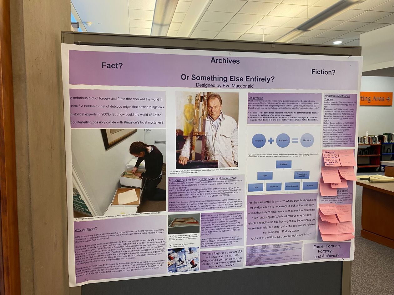An image of Eva Macdonald's poster board with the title "Archives: Fact? Fiction? Or Something Else Entirely" on a wall in Stauffer Library