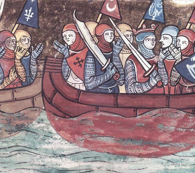 Medieval painting of soldiers on boats