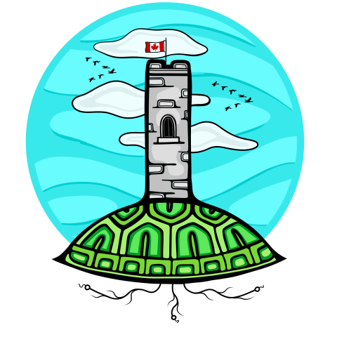 Image of a grey stone tower with a Canadian flag on green land