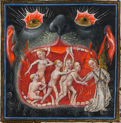 Medieval painting of people being eaten by fire-breathing monster.