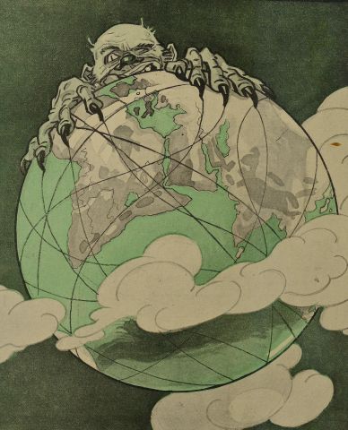 Cartoon image of a monster attacking the globe