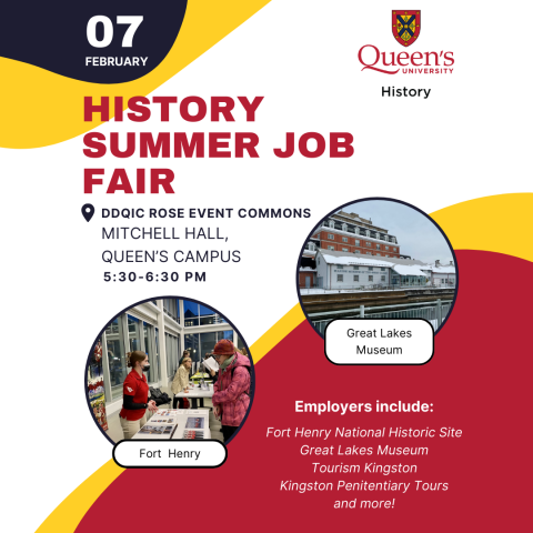 An image with a red blue and gold background with images in the front of students speaking with employers at Fort Henry's booth