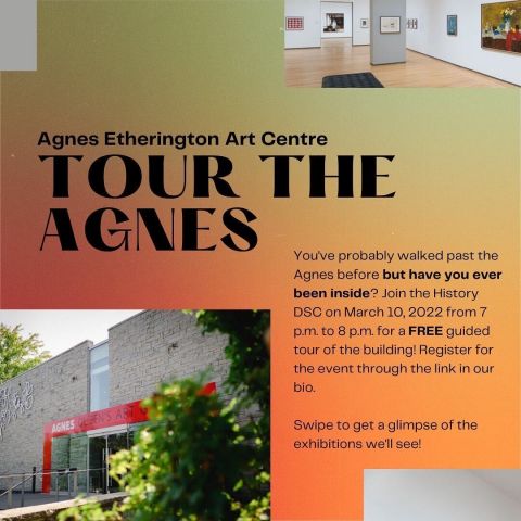 Image of event poster featuring a picture of the exterior of the Agnes Etherington Art Centre