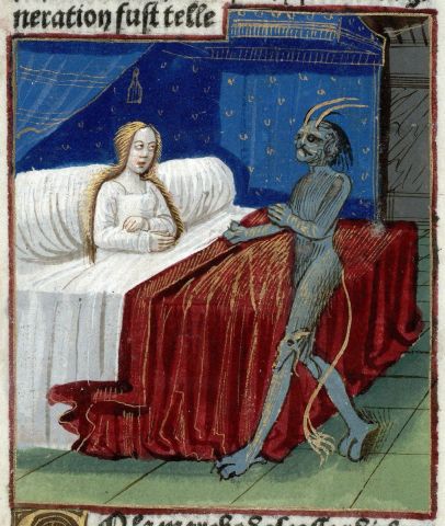 Medieval painting of a demon visiting a woman in her bedroom