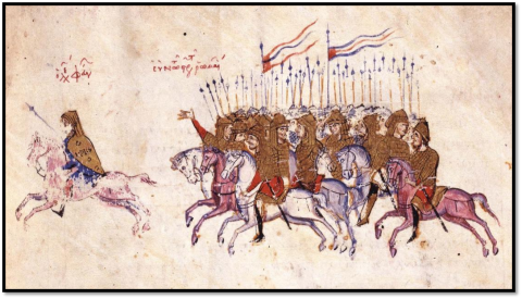 An image of a Byzantine artwork depicting a battle with men in armour on horses carrying flags
