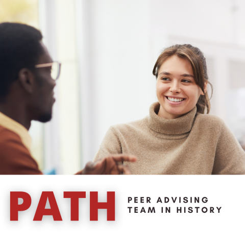 An image of students chatting with PATH Written in red