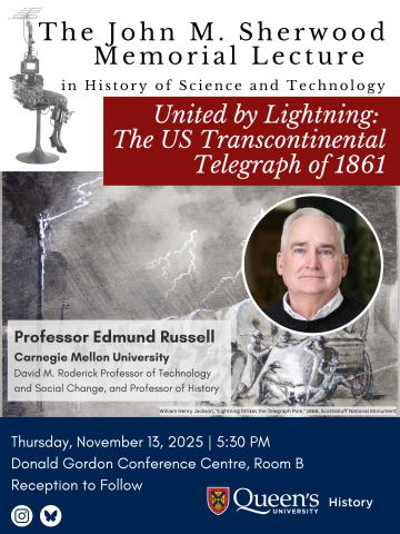 Poster for Edmund Russell's talk "United by Lightning: The US Transcontinental Telegraph of 1861"
