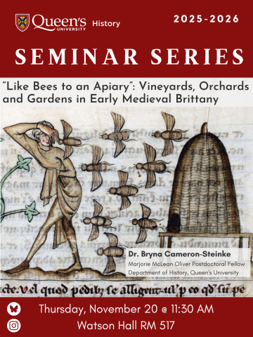 Poster for Seminar: Shows a Medieval illustration of a group of bees between a man and a beehive.