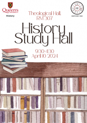 An image of a watercolour bookshelf with a title that reads "History Study Hall" across the top