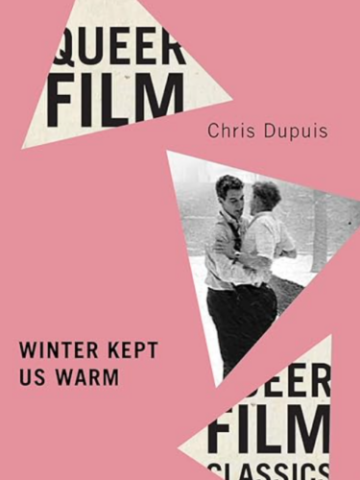 Movie Poster for "Winter Kept Us Warm", black text on a pink background with triangular black and white cutouts