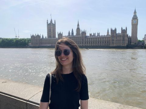 Shannon in front of the Palace of Westminster