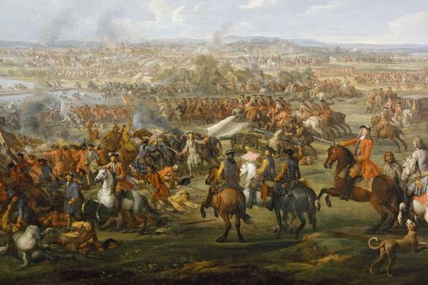An image of a painting showing a battle scene of the Battle of Blenheim with men on horses in a field 