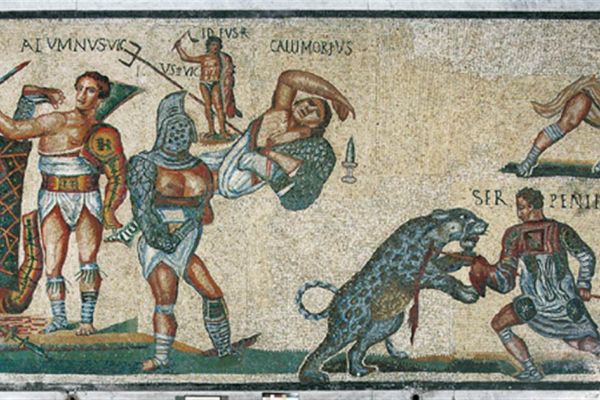 Image of a mosaic showing gladiators fighting