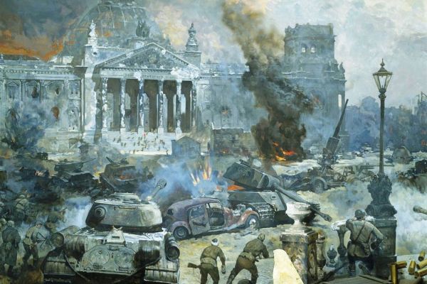 A painting of a burning city with military tanks and soldiers