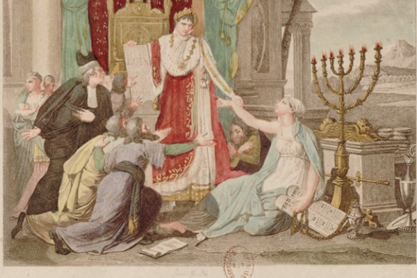 An image of a coloured etching of Napoleon standing, holding a protocol up to show the Jews reaching toward him at his feet, with a menorah in the foreground.