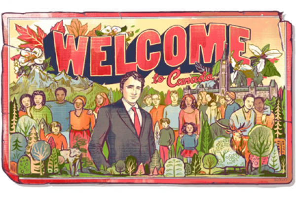 An image of a travel poster that reads "Welcome to Canada" and shows people of different ethnicities, races, and ages, with Justin Trudeau in a black suit in the centre