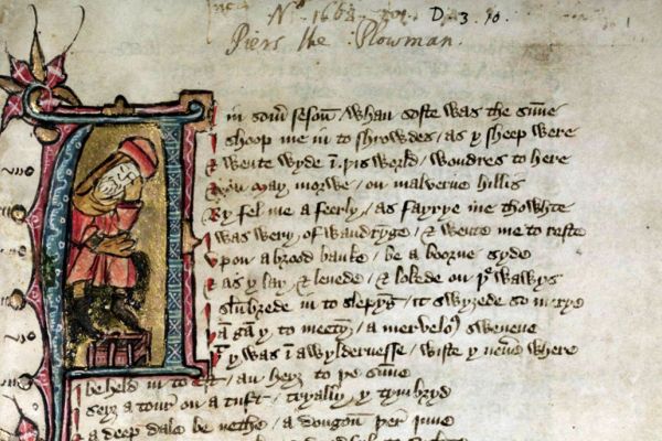An image of a medieval manuscript with the title "Piers the Plowman" written across the top, and a historiated initial on the letter P on the left of the page featuring a man sleeping with his head on his hand wearing a red robe