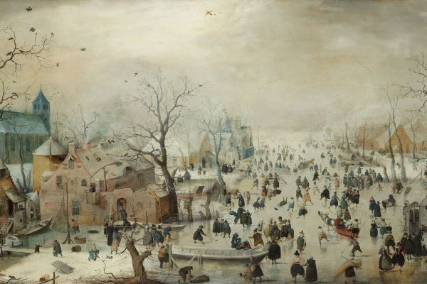 A painting in a medieval town with townsfolk staking on a frozen river