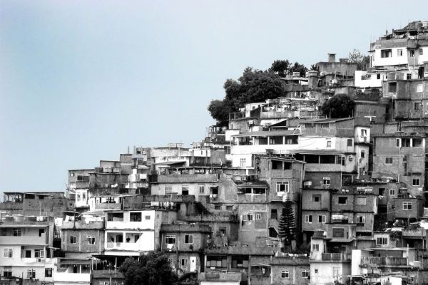 Black and white image of a shanty town in Latin America