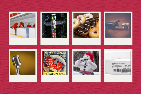 A red background with 8 polaroid pictures featuring the pop-culture items referenced in the course description