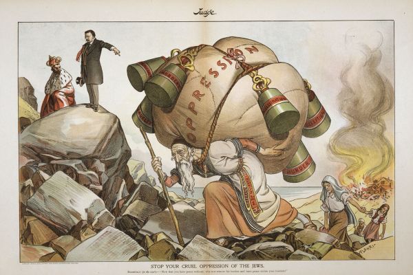 An image of a drawing of an elderly man carrying a large bag and weights that read "oppression", and fleeing from a burning village in the background.
