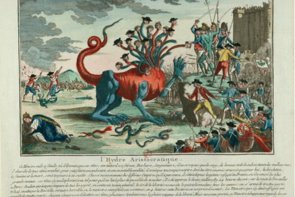 An image from the 1700s with a red and blue monster with multiple heads being sliced off by men with swords with the caption: l'Hydre Aristocratique