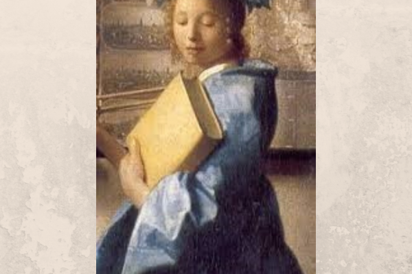 Image of a painting of a young lady holding a large book. 