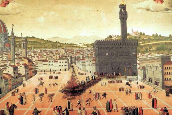 A painting of a large square in Florentine where a man can be seen burning at the stake