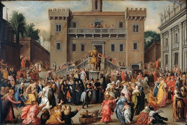 An image of an oil painting depicting women gathering in the capital in Rome