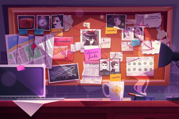 An animated image of a desk with a light focused on a bulletin board with maps, photographs, newspaper clippings, and fingerprints and red thread connecting these items across the bulletin board.