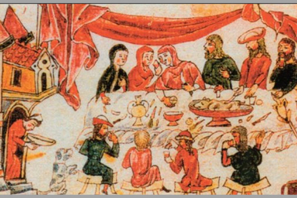 An image of a medieval manuscript graphic featuring people sitting around a table at a feast
