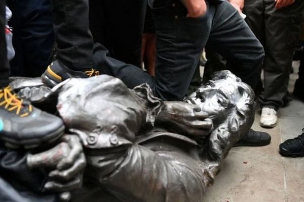Statue of slave trader Sir Edward Colston, Bristol, UK, toppled by protestors 7 June 2020