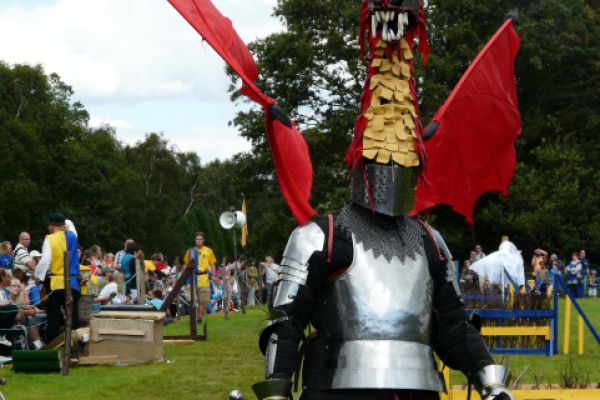 An image of a modern day festival featuring a man dressed as a medieval knight