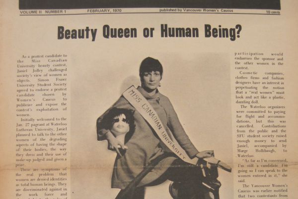 Image of a newspaper article from 1970 titled "Beauty Queen or Human Being?" featuring a photo of a woman.