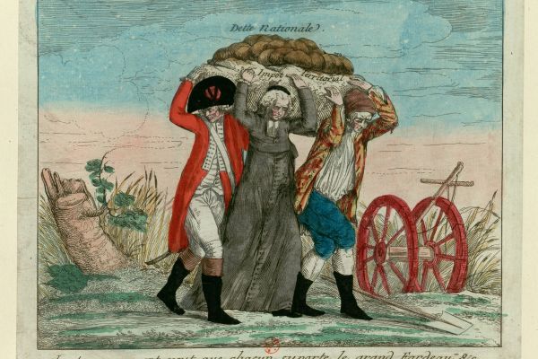 Image of an etching showing a soldier, a clergyman, and a peasant carrying equally carrying the weight on their shoulders of the "dette Nationale" from France, 1789