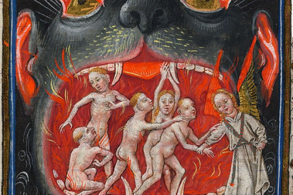 Medieval painting of people being eaten by fire-breathing monster.