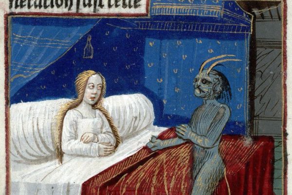 Medieval painting of a demon visiting a woman in her bedroom