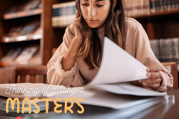 An image of a student studying in a library with the text: "Thinking of getting a Master's degree in History?"