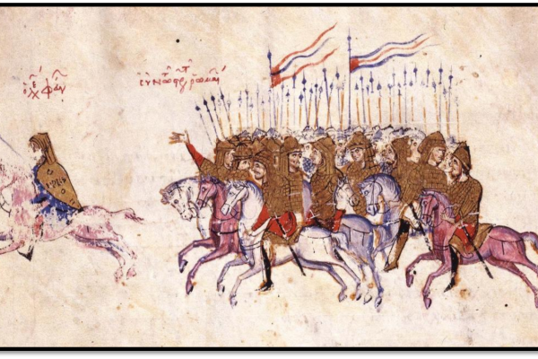 An image of a Byzantine artwork depicting a battle with men in armour on horses carrying flags