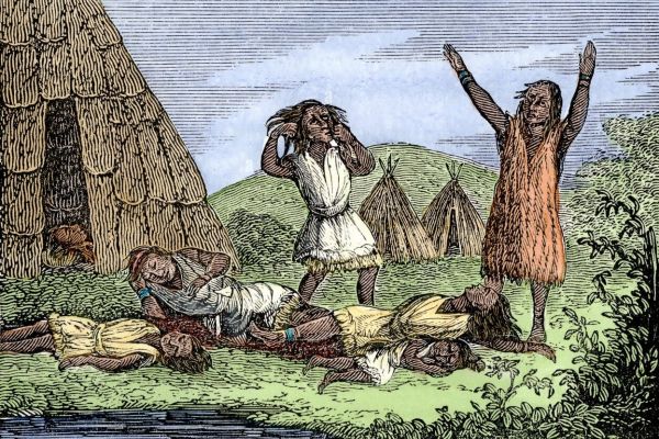 Wampanoags are seen being struck down by an invisible killer, lying in pools of blood (19th Century Woodcut of a Smallpox Epidemic Colonial Massachusetts)